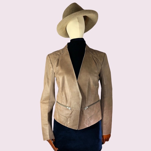 Open front Taupe Leather Moto Jacket Size Medium - Picture 6 of 15